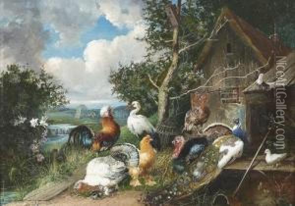 Prachtiges Federvieh Und Ein Storch Auf Einem Bauernhof. Oil Painting - Julius Scheurer