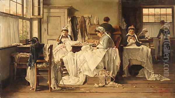 The lacemakers Oil Painting - Victor Ravet