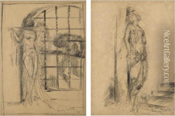 Female Figure By A Gate (variation On Dalila); And A Female Figure On Stairs Oil Painting - Louis Icart
