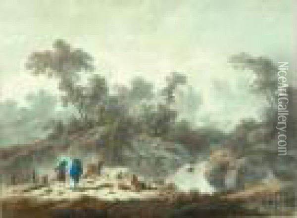 Bergers Pres D'une Cascade Oil Painting - Jean-Baptiste Pillement