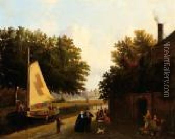 Figures On The Quay And A Boat On A Canal Oil Painting - Joseph Bles