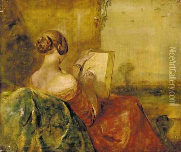 A lady sketching on a terrace Oil Painting - George Richmond