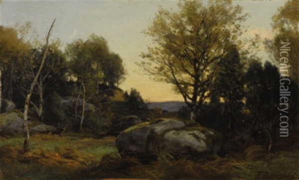 Evening Landscape, Rocher Besnard In The Forest Of Fountainbleau Oil Painting - Theodore Rousseau