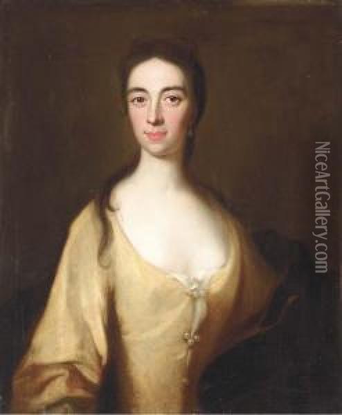 Portrait Of A Lady, Said To Be Mrs. David Bruce, Half-length, In Ayellow Dress Oil Painting - William Aikman