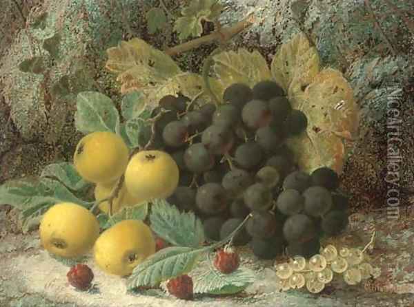 Raspberries, gooseberries, plums and grapes on a mossy bank Oil Painting - Oliver Clare