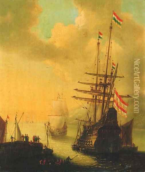 A Dutch man-o'-war departing a harbour Oil Painting - Willem van de Velde the Younger
