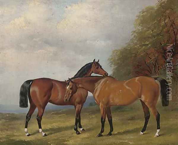 Two bay hunters in an extensive landscape 1860 Oil Painting - Henry Barraud