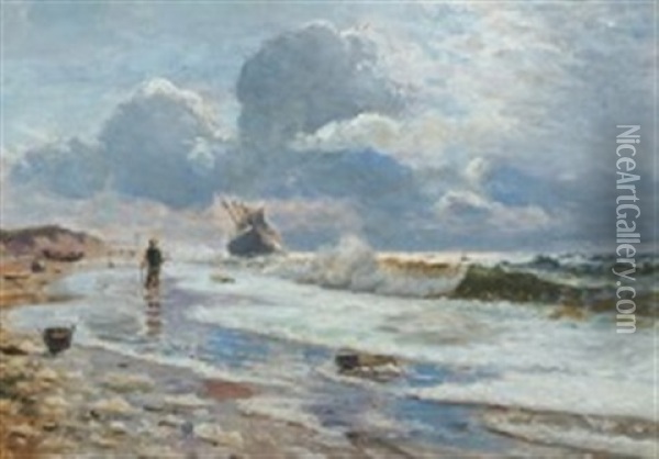 Coastal Scenery With A Shipwreck Oil Painting - Holger Luebbers