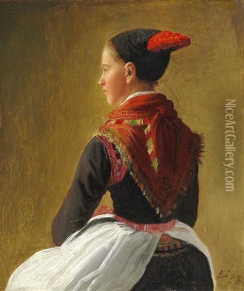 A Girl From Store Magleby Wearing Her Amager Costume Oil Painting - Johann Julius Exner