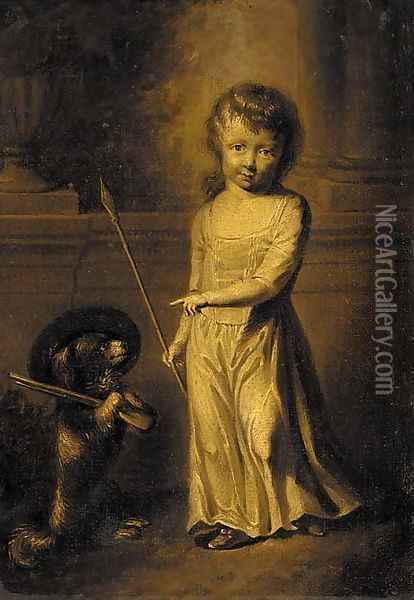Portrait of a girl, small full-length, in a white dress, holding a spear, a dog by her side Oil Painting - Dance Holland, Nathaniel