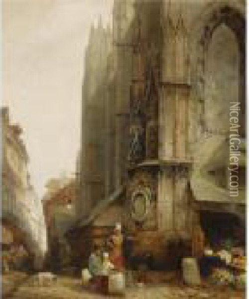 A Market Scene In Front Of A Gothic Cathedral Oil Painting - Jacques Carabain