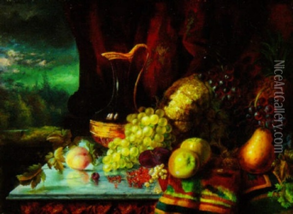 Still Life With Melons, Grapes, Pineapple, Pears, Apples, Nuts, Crystal Ewer And Exotic Linen Oil Painting - Francois Joseph Huygens