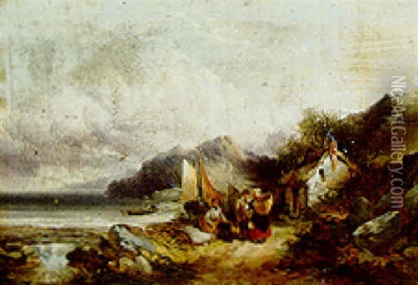 Fishermen Resting By A Coastal Cottage Oil Painting - Joseph Horlor