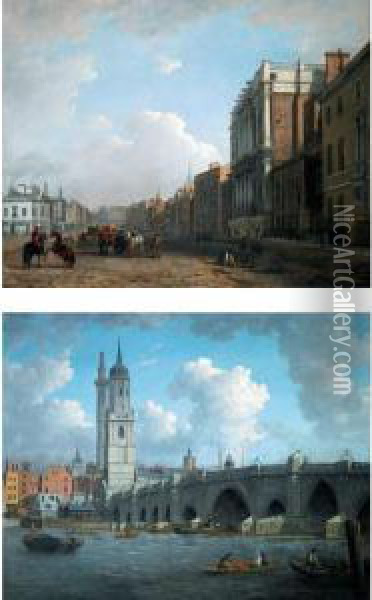 A View Of Whitehall, And A View Of London Bridge Oil Painting - William Marlow