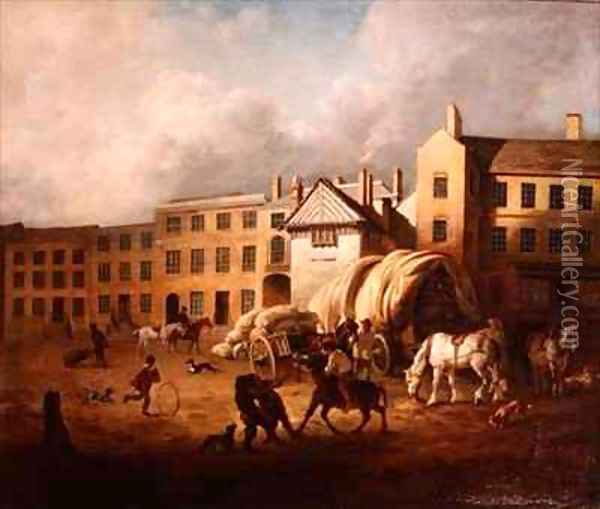 18th Century Town Scene with Figures and Horses in a Yard Oil Painting - George Garrard