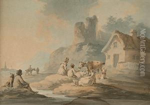 Figures And Goats By A Cottage Oil Painting - Peter La Cave
