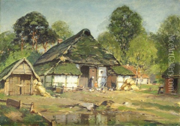 Bauernhaus In Sommerlandschaft, Mit Figuren- Und Tierstaffage Oil Painting - Heinrich Hermanns
