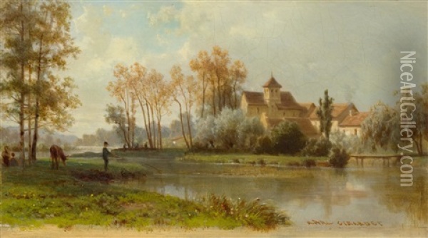 A River Landscape With A Manor Oil Painting - Karl Girardet