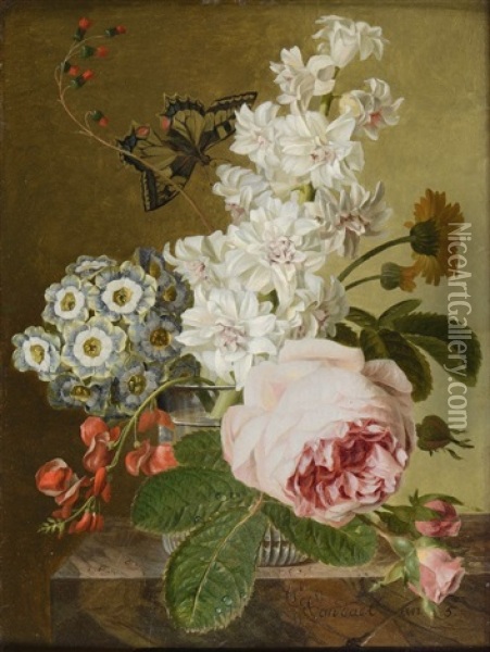 Bouquet Dans Un Verre De Primeveres, Roses, Pois De Senteur Et Papillon Oil Painting - Jan Frans Van Dael