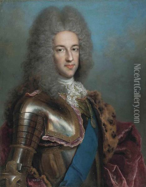 Portrait Of James Francis Edward Stuart, The Old Pretender, Half-length, In Armour, With The Sash Of The Order Ofthe Garter And The Medal Of The Order Of The Thistle Oil Painting - Alexis Simon Belle