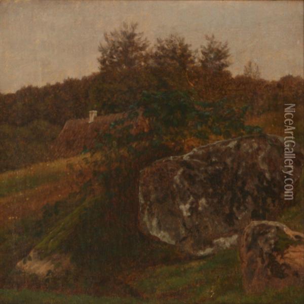 Landscape With Pieces Of Rocks And A Thatched House Oil Painting - Johan Didrik Frisch