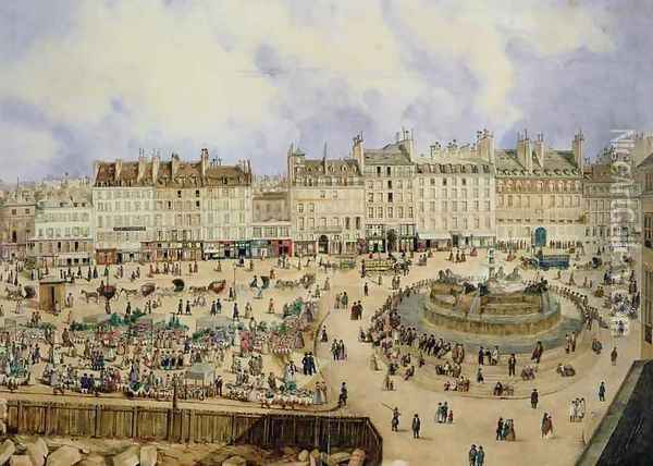 View of the Place de la Republique and the Fountain, 1848 Oil Painting - N. Pelcocq