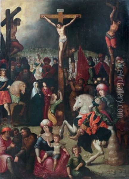 Le Christ En Croix Entoure Du Bon Et Du Mauvais Larron Oil Painting - Louis de Caullery