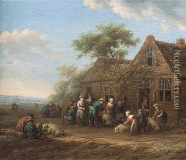 Peasants Outside An Inn Preparing Pigs For Market Oil Painting - Barend Gael