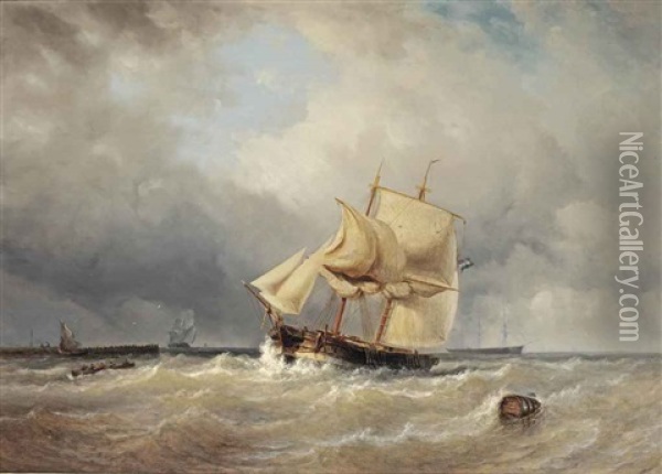 A Dutch Two-master On Choppy Waves Near A Jetty Oil Painting - Johannes Frederick Schuetz
