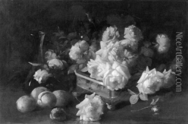 Still Life With Roses And Peaches Oil Painting - Frederick M. Fenety