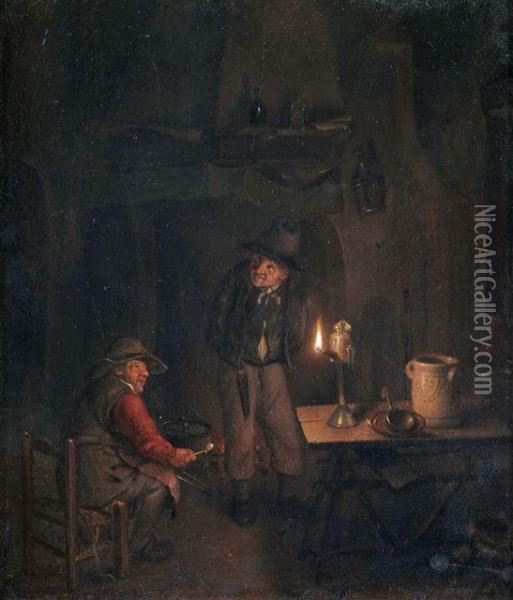 Kucheninterieur Mit Zwei Bauern Bei Lampenschein Oil Painting - Richard Brakenburgh
