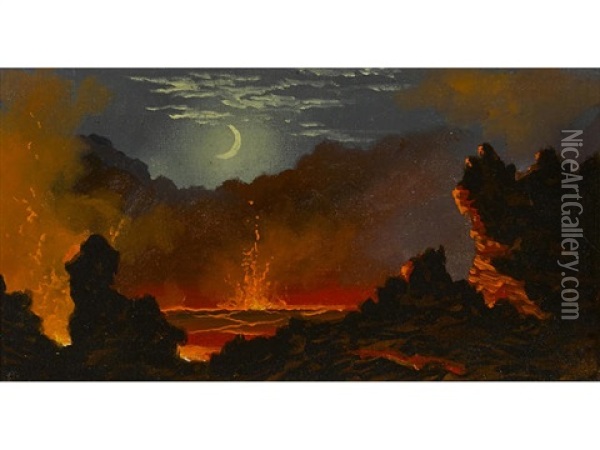 Volcanic Crater Beneath A Crescent Moon Oil Painting - Jules Tavernier