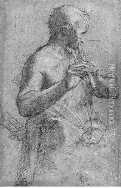 A young Shepherd playing a Flute Oil Painting - Florentine School