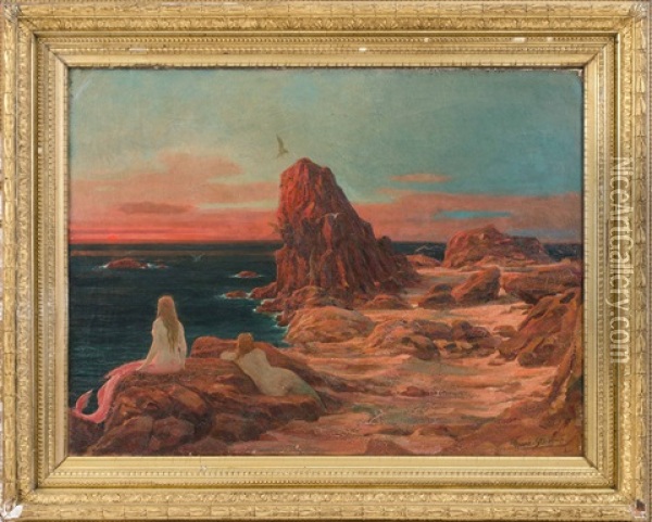 Mermaids At Sunset Oil Painting - Rene Stevens