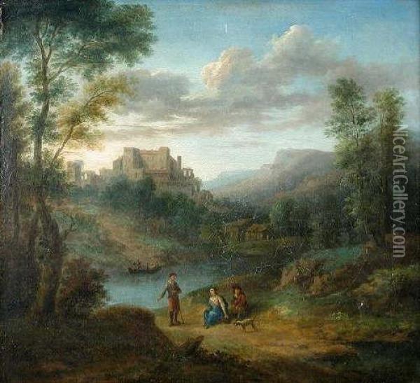 Italianate Landscape With Travellers And A Hound On A Track Oil Painting - Cornelis Van Poelenburch