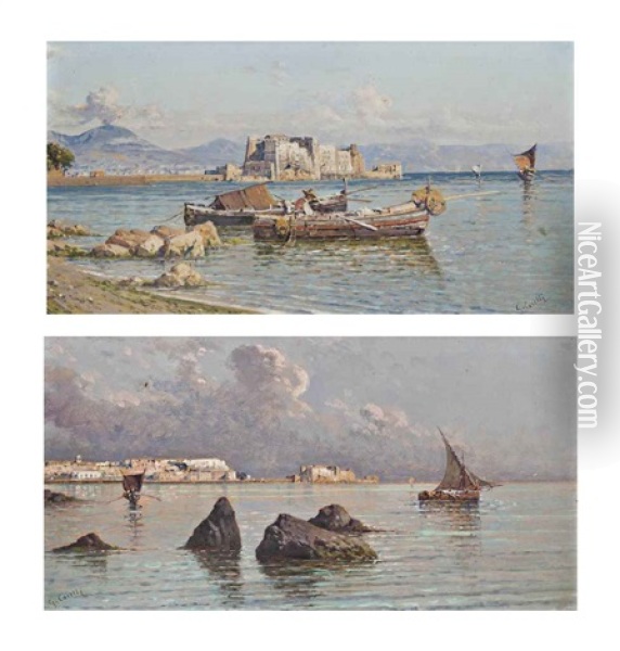 Fishermen Before The Castel Dell'ovo (+ On The Bay Of Naples, Vesuvius Beyond; Pair) Oil Painting - Giuseppe Carelli
