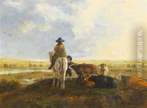 Herdsman With Oxen Oil Painting - Karl Pierre Daubigny