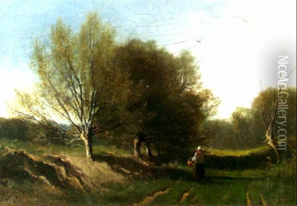 Provincial Landscape With A Figure On A Lane Oil Painting - Jean Henri Lefortier