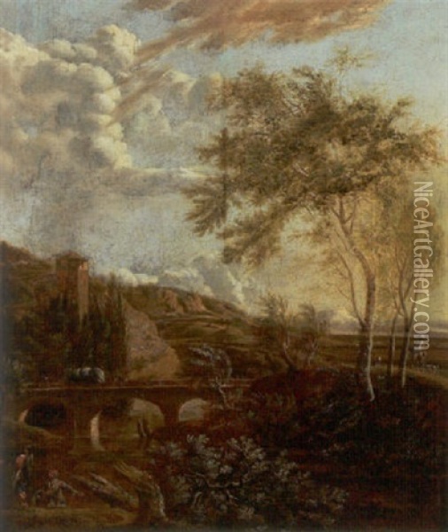 Romantisk Landskab Me Store Traeer Og En Bro Over Flod Oil Painting - Isaac de Moucheron