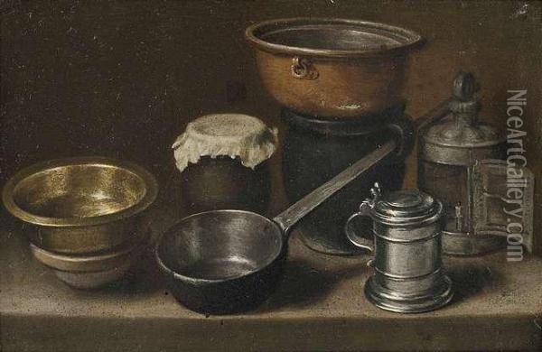 Two Still Lifes With Kitchen Utensils Oil Painting - Martin Dichtl