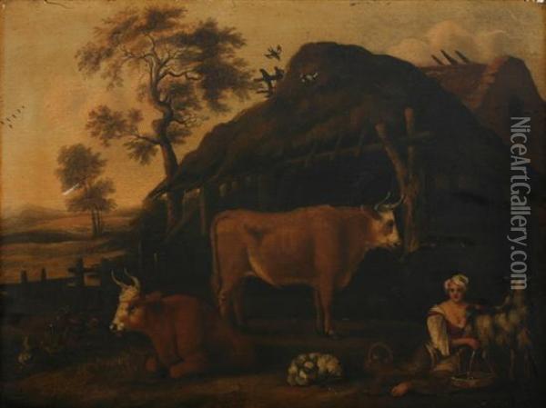Farmyard With Milkmaid, Cattle And Goats Oil Painting - Nicolaes Berchem