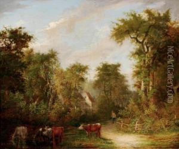 Barrell Willcockcattle In A Woodland Landscape Oil Painting - George Burrell Willcox