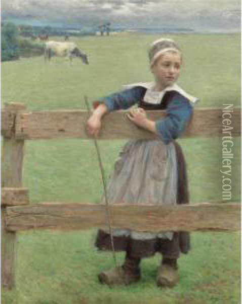 A Pequena Guardadora De Vacas (the Little Cowherd) Oil Painting - Jose Julio de Souza-Pinto