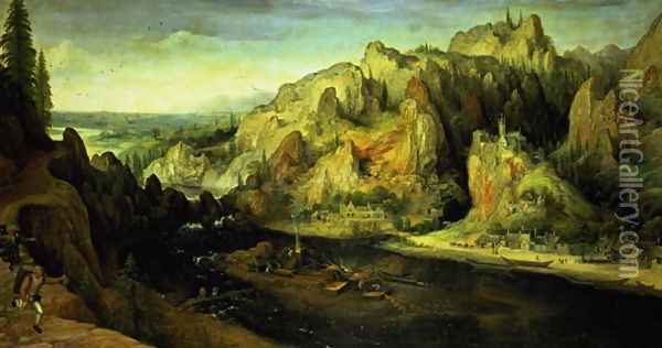 Mountain Landscape with a surprise attack, c.1585 Oil Painting - Lucas van Valckenborch