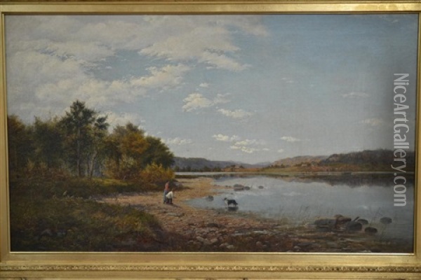 Figures And A Dog At A River's Edge Oil Painting - George Shalders