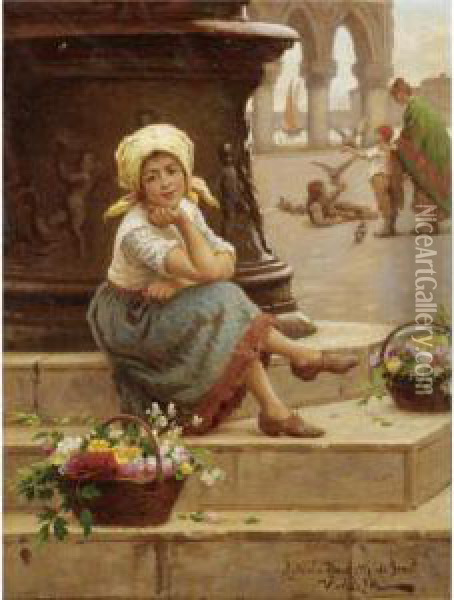 The Little Flower Seller Oil Painting - Antonio Paoletti
