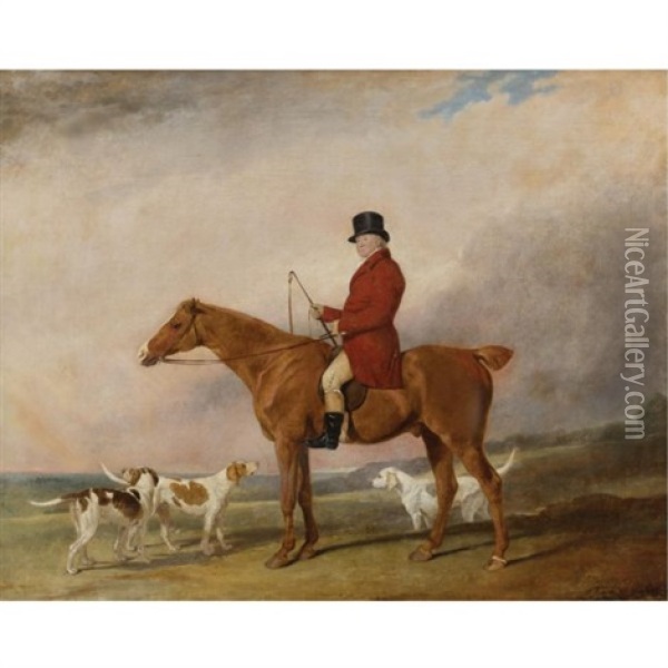 Thomas Rounding, Esq. On His Favorite Hunter "spankaway" With Gladsome, Governess And Syren, Staghounds Of The Epping Forest Hunt Oil Painting - Abraham Cooper