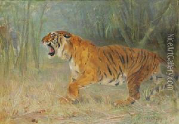 Brullende Tijger In De Jungle Met Olifantenstoet In De Verte Oil Painting - Cuthbert Edmund Swan