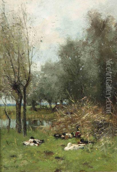 Ducks Resting Amongst The Trees Oil Painting - Geo Poggenbeek