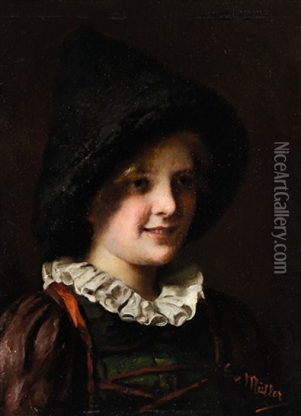 Portrait Eines Madchens In Tracht Oil Painting - Emma (Edle von Seehof) Mueller